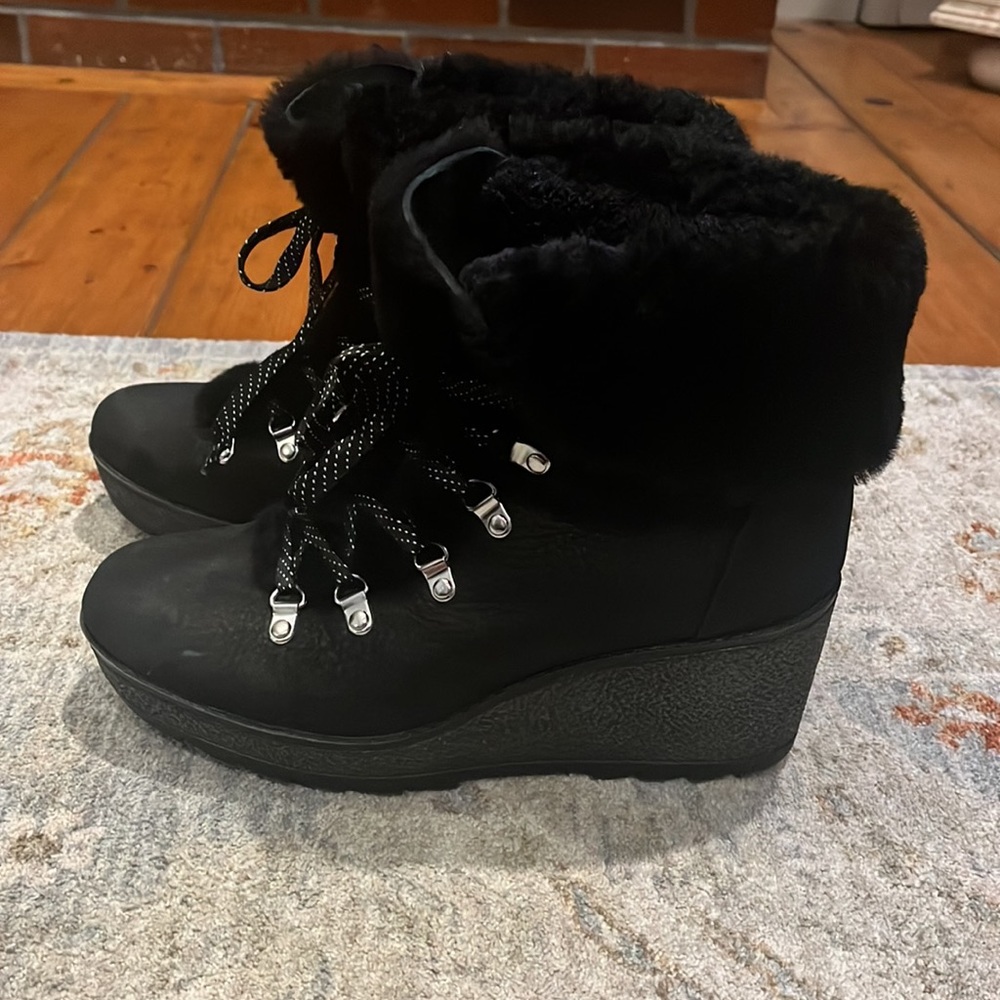 J Crew suede wedge. Fur ankle cuff and fur lined on the inside. - Picture 2 of 7